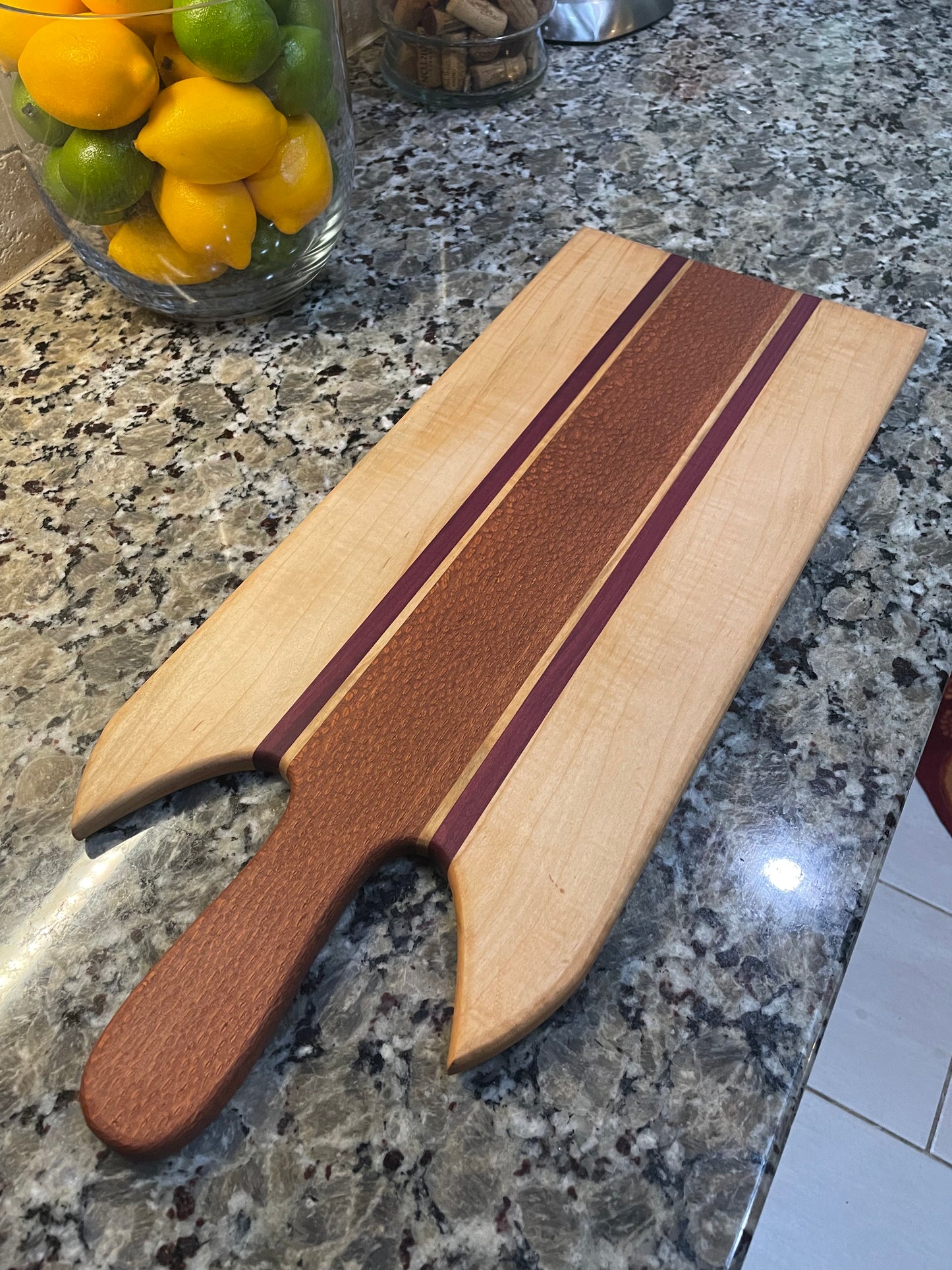 Lacewood PurpleHeart & Maple Charcuterie Board — Standard Handle