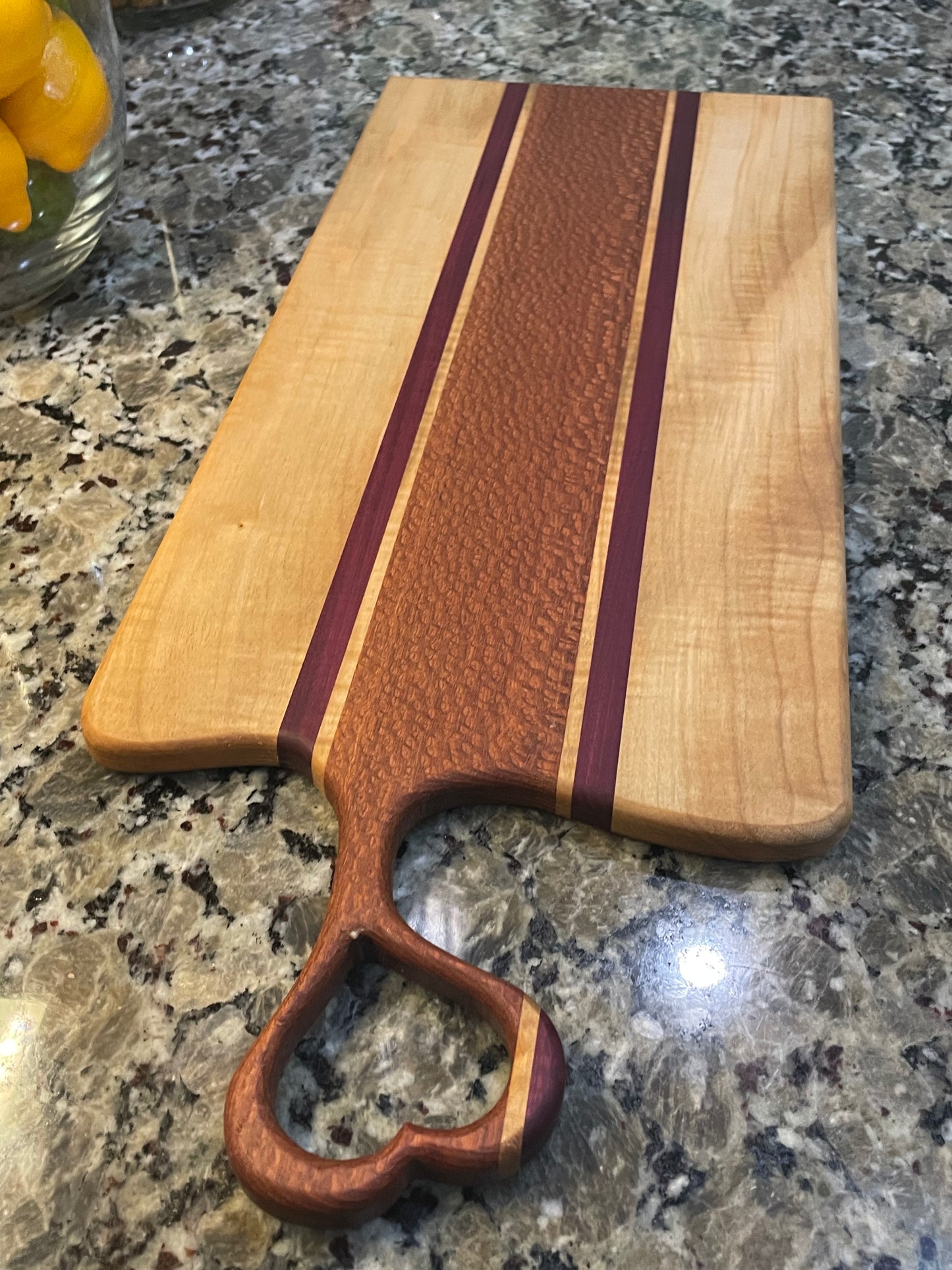 Lacewood PurpleHeart & Maple Charcuterie Board — Heart Handle