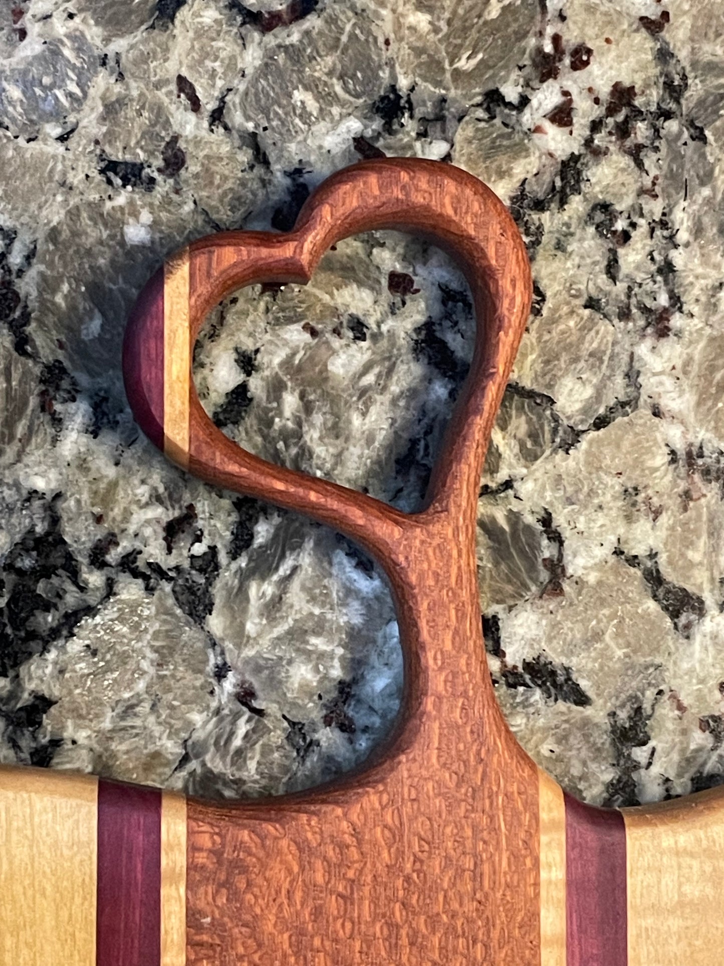 Lacewood PurpleHeart & Maple Charcuterie Board — Heart Handle
