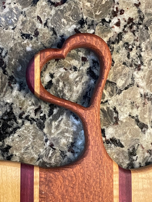 Lacewood PurpleHeart & Maple Charcuterie Board — Heart Handle