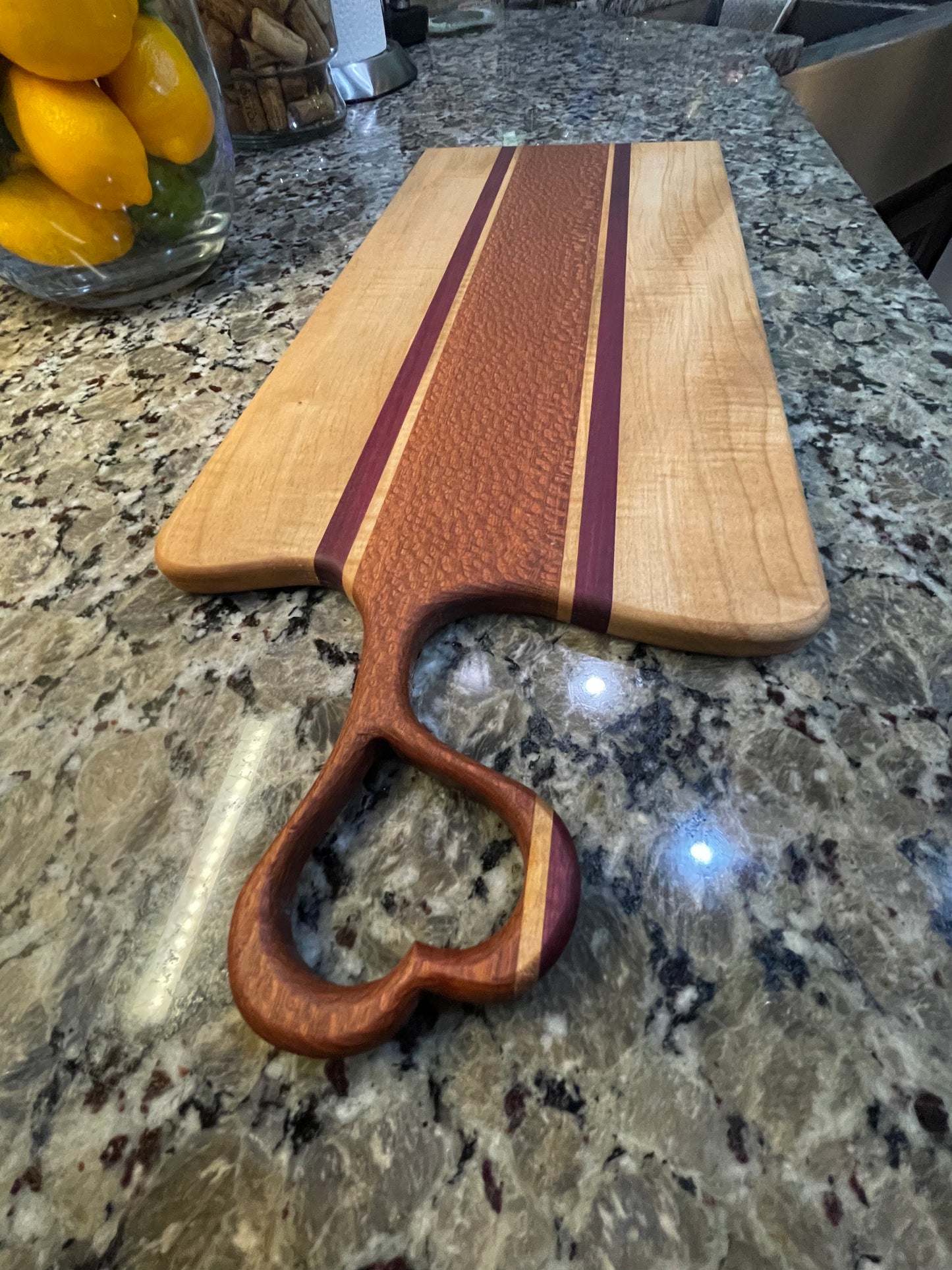 Lacewood PurpleHeart & Maple Charcuterie Board — Heart Handle