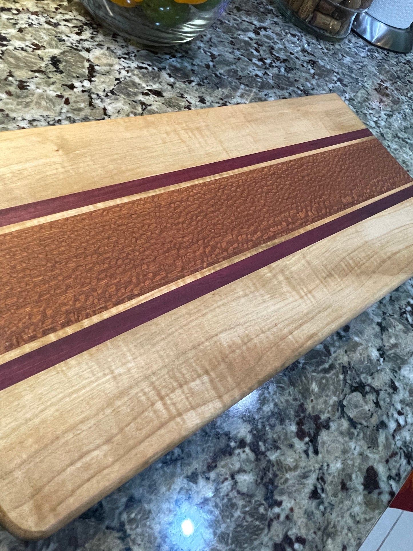 Lacewood PurpleHeart & Maple Charcuterie Board — Heart Handle
